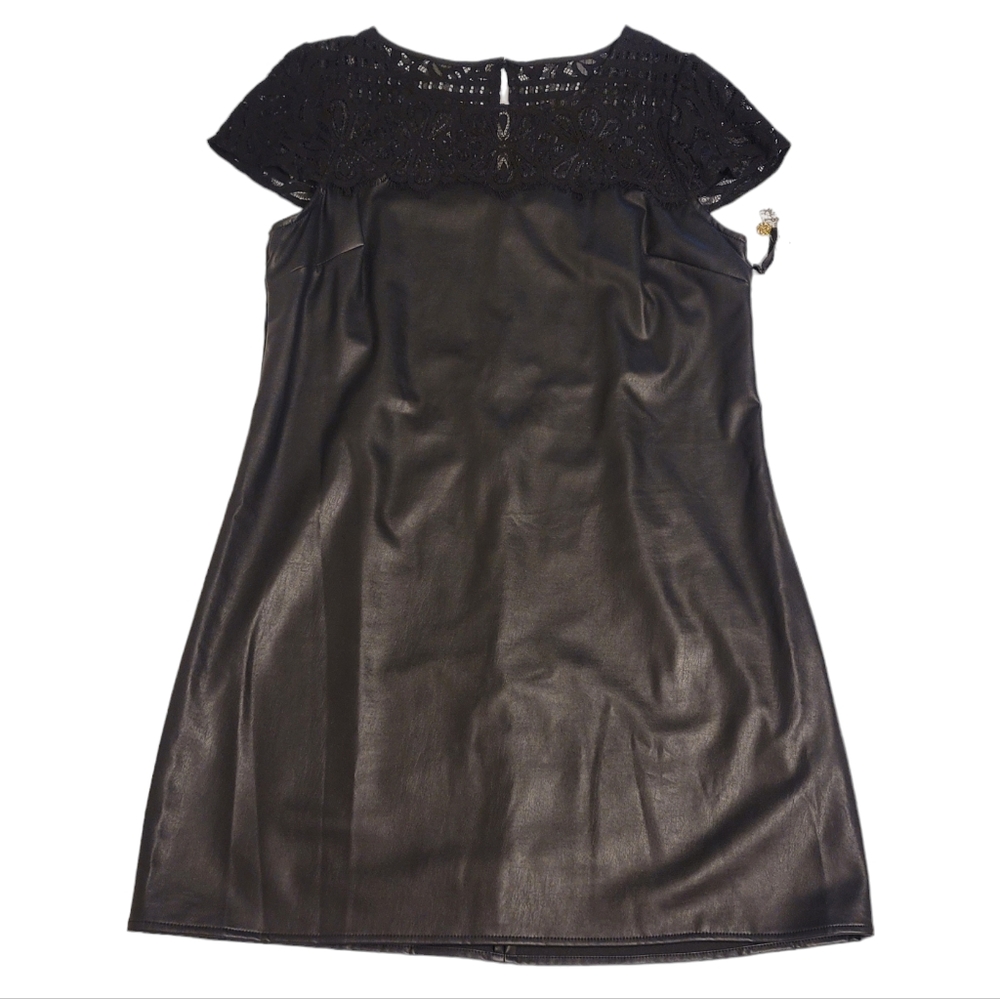 Kensie Dresses Lace Cap Sleeve Faux Black Leather Evening Plus Size Dress 16 - Picture 3 of 8
